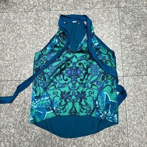 Eilee Tahari Turquoise Blue Printed Silk Tie Neck Y2K Vintage Blouse